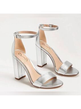 NIB Sam Edelman Yaro Silver Metallic Leather Ankle Strap Block Heel Sandals